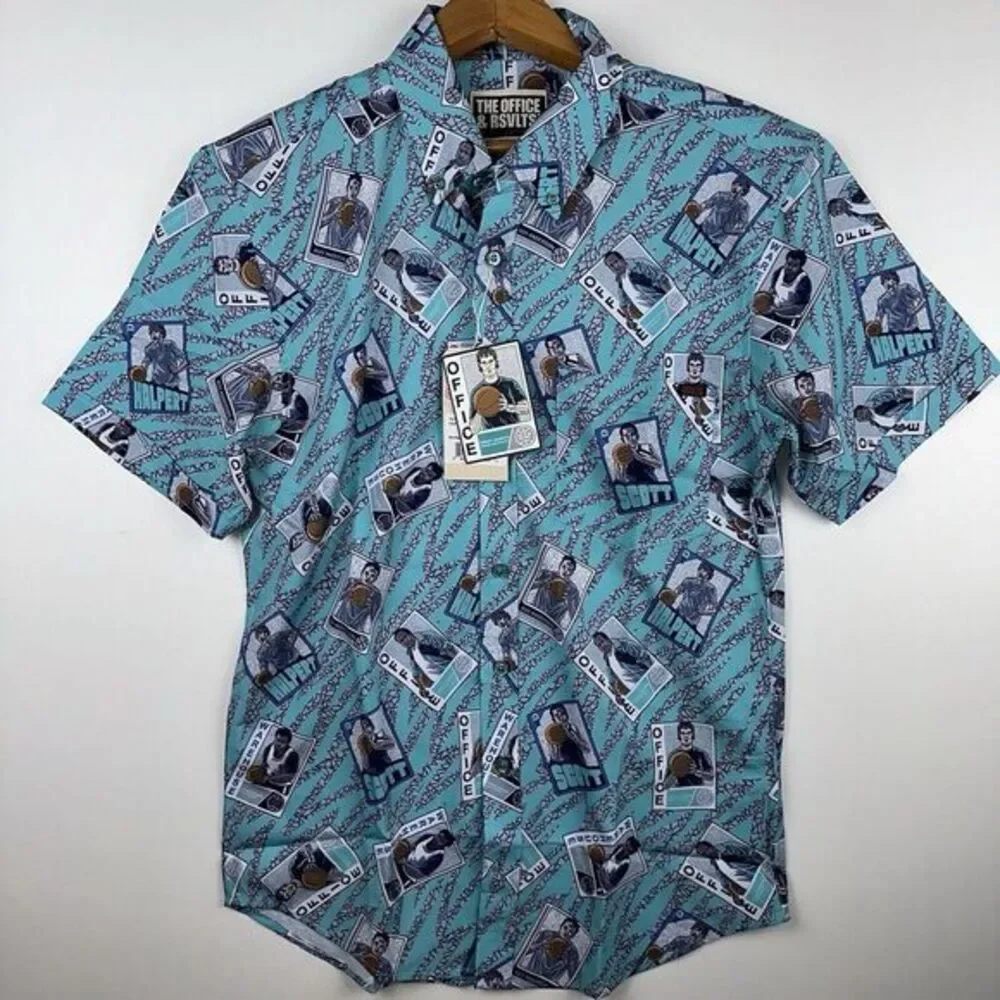 NWT RSVLTS Shirt Mens‎ S The Office Blue Short Sleeve Button Up Basketball Card